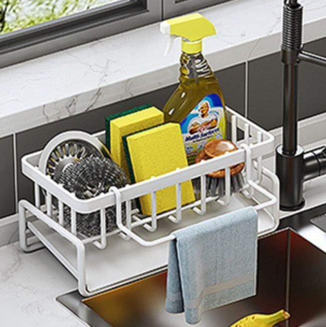 싱크대 자동 물빠짐 수납형 수세미 거치대, 화이트, 1개