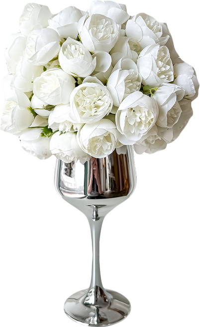 Floral M 法式典雅白洋牡丹花園高腳杯玻璃仿真花禮, 1個, 白色