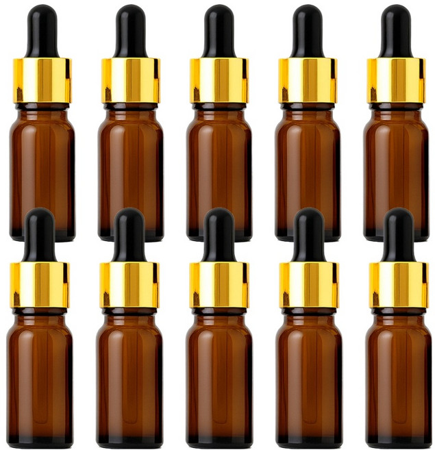 리빙메이커 화장품 오일 스포이드 에센스 에센셜 용기 10ml, 갈색 + 블랙고무 + 골드캡, 10개