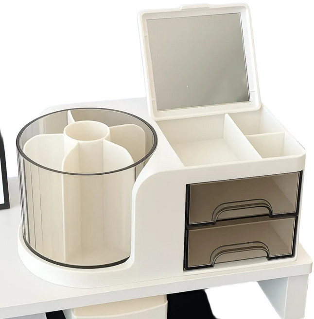 소소하우스 회전 거울 서랍식 화장품 정리함, 화이트, 1개