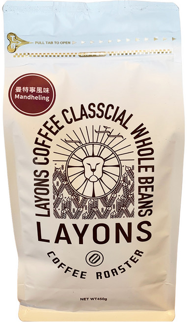 LAYONS COFFEE 雷恩獅咖啡 經典系列 咖啡豆 曼特寧風味, 1個, 450g, 全豆咖啡（未研磨）