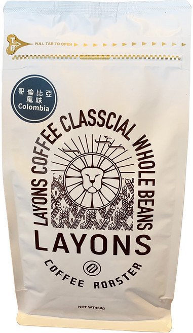 LAYONS COFFEE 雷恩獅咖啡 經典系列 咖啡豆 哥倫比亞風味, 1個, 全豆咖啡(未研磨), 450g