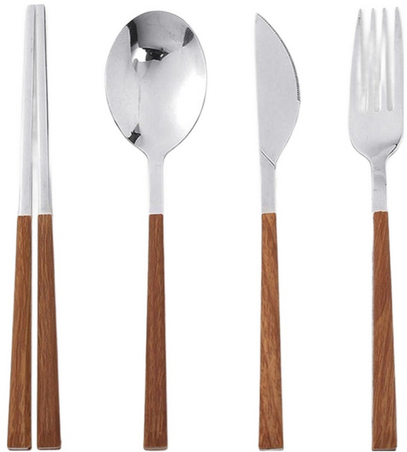 비컨드 우드 수저 스테인리스 숟가락 커트러리 세트, 실버, 1세트, 숟가락 + 젓가락 + 포크 + 나이프