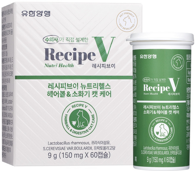 유한양행레시피브이 고양이 뉴트리헬스, 1개, 헤어볼+장건강, 60정