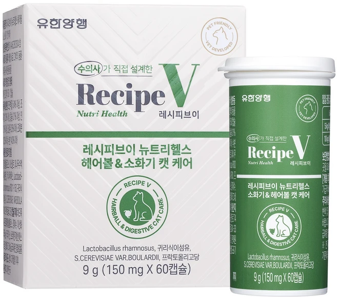 유한양행레시피브이 고양이 뉴트리헬스, 1개, 헤어볼+장건강, 60정 - 쿠팡