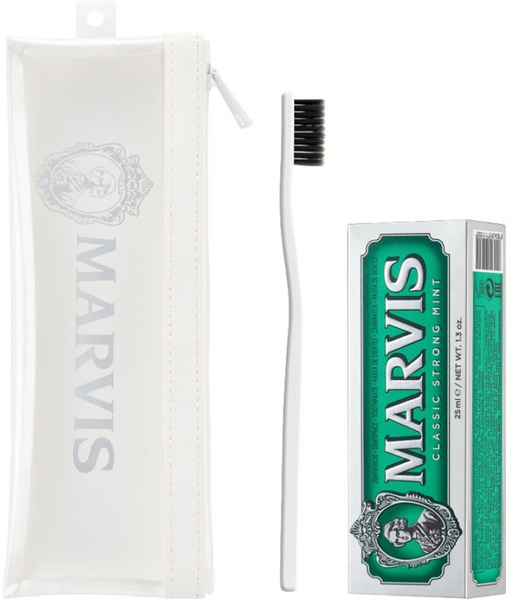 마비스 클래식민트 치약 25ml + 화이트칫솔 + 휴대용 파우치 여행용, 1세트