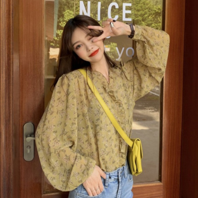 디멜디 여성용 복고풍 잔꽃 로맨틱 프릴 긴팔 블라우스 셔츠