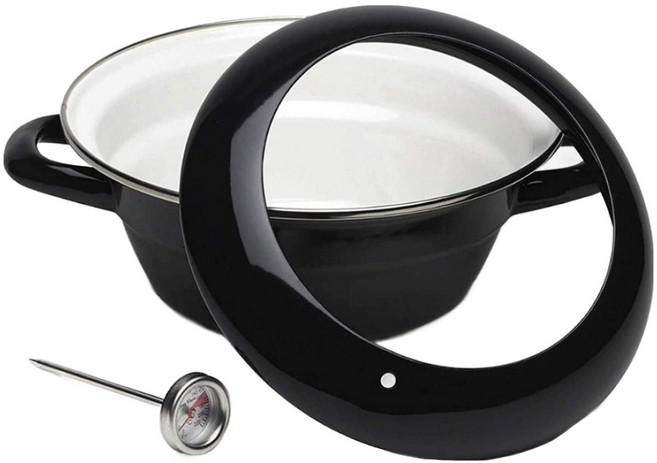 FUJIHORO Japan 24cm 琺瑯炸鍋 附溫度計 防噴濺護欄 黑色 1個