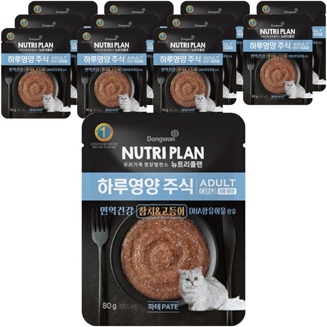 동원뉴트리플랜 어덜트 고양이 하루영양 주식파우치 고등어, 참치+고등어, 80g, 12개