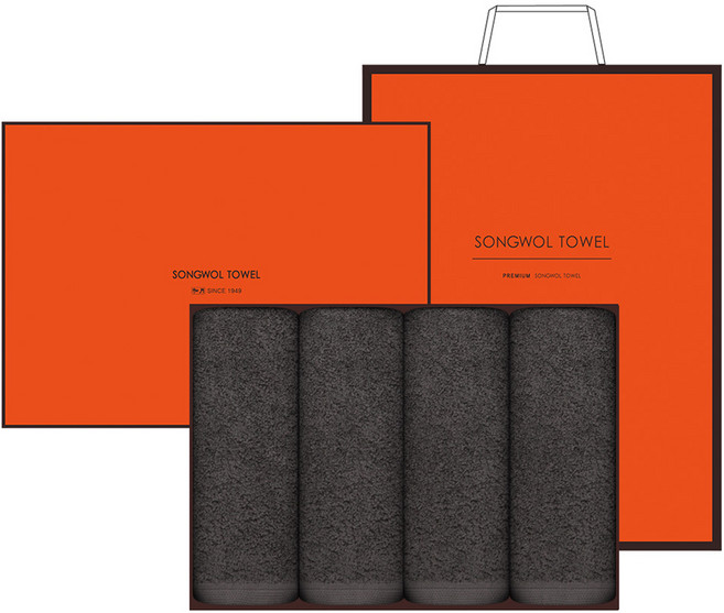 송월타월 포인트 40 타월 200g 40수 + 쇼핑백, 타월(회색), 오렌지(케이스, 쇼핑백), 4개