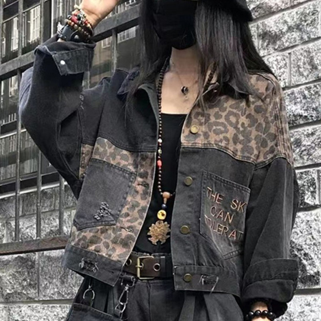 파라다이소 여성용 오버핏 레오파드 빈티지 데님 자켓