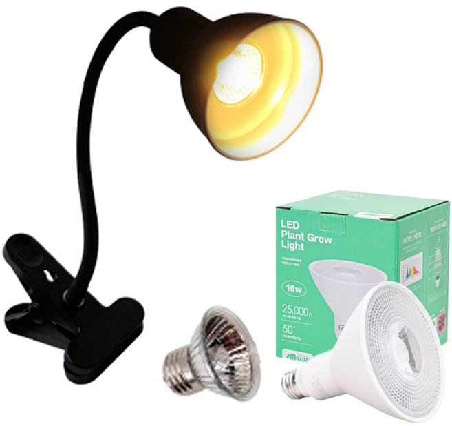 아마존 LED 집게형 조명 블랙 AMZ-C07 + LED 식물램프 16W PAR38 세트, 주백색, 1세트