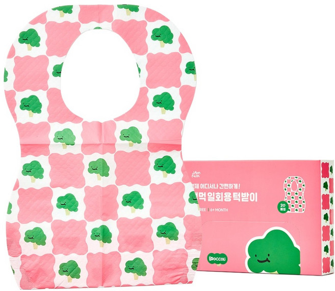 잼먹 유아용 2중방수 일회용 이유식 턱받이 자기주도, 브로콜리 + 핑크, 20개입, 1개