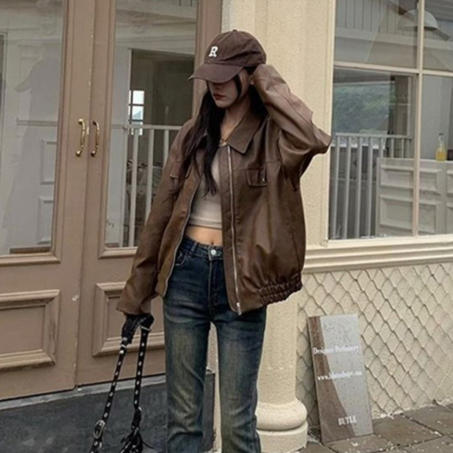 패션플로우 여성용 모던 라이더 무드 오버핏 레더 자켓