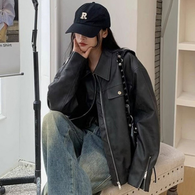 패션플로우 여성용 모던 라이더 무드 오버핏 레더 자켓