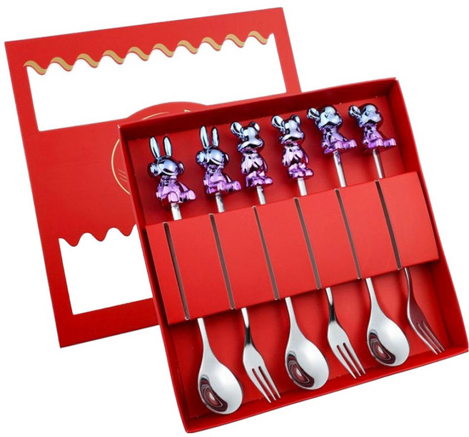 Xingcheng 星橙 410不鏽鋼炫彩公仔勺叉餐具套裝 六件套 6A3 銀色, 1套, 茶匙 + 叉子