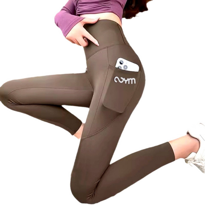 Malltoday 舒適好穿口袋瑜珈有氧運動內搭緊身褲, 09 棕色, 1個