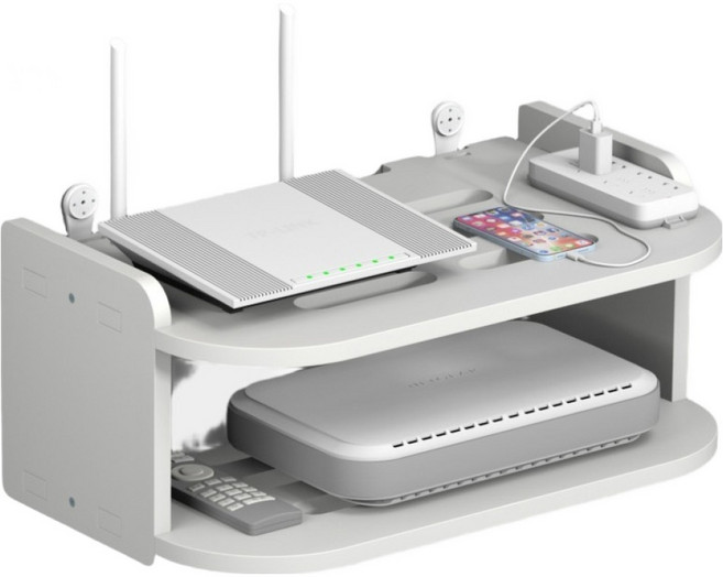 아워웍스 무타공 벽걸이 공유기 셋톱박스 수납 선반, 화이트, 2단