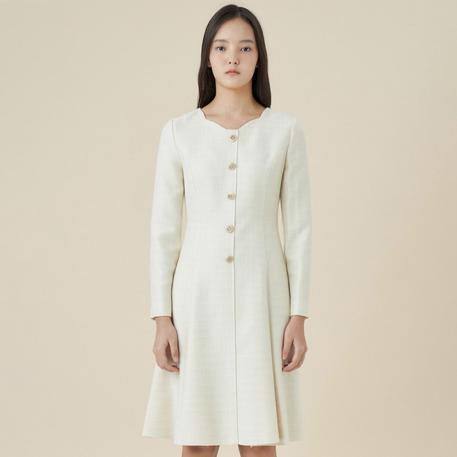 라인어디션 여성용 자수넥 쥬얼버튼 트위드 원피스