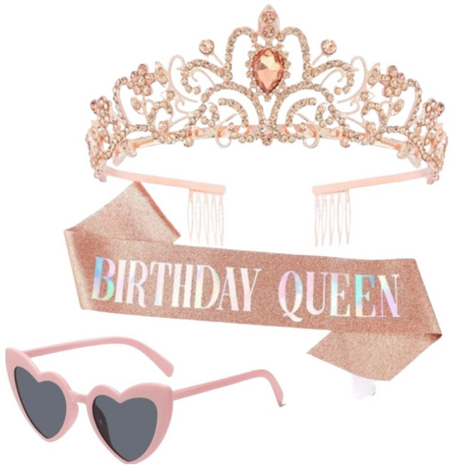 스타리움 인싸 보석 티아라 + 선글라스 + 생일파티 용품 세트, 로즈골드, 1세트