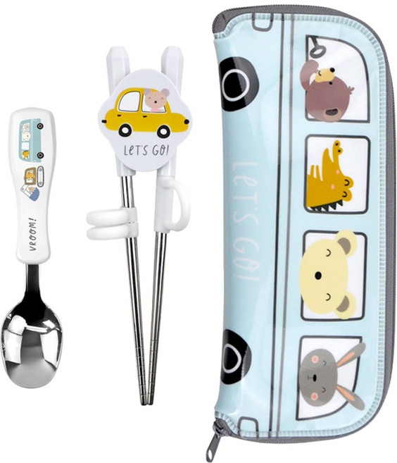 키친유 키즈부릉 자동차 편한 스텐 수저 젓가락 수저집 세트, 혼합색상, 수저 + 젓가락 + 수저집, 1세트