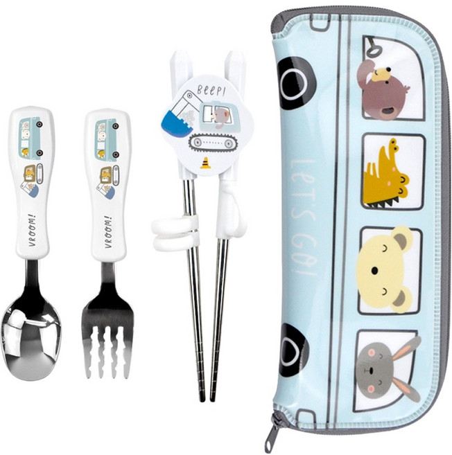 키친유 키즈부릉 포크레인 꼬마 스텐 스푼 포크 젓가락 수저집 세트, 혼합색상, 스푼 + 포크 + 젓가락 + 수저집, 1세트