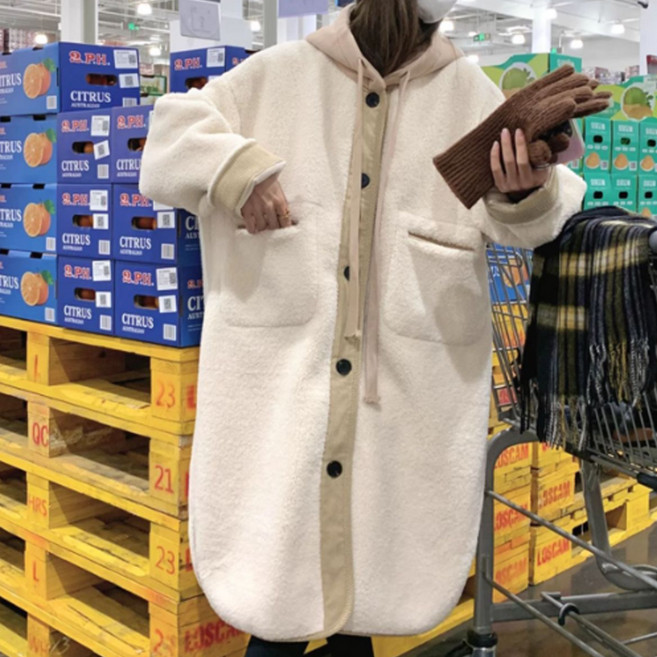 더시럽 여성용 뽀글이 루즈라인 롱 후드 점퍼 B