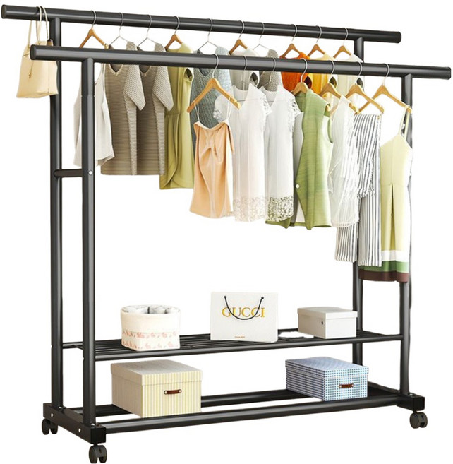 와이홉 옷걸이 행거 이동식 더블 이중 발판, 블랙