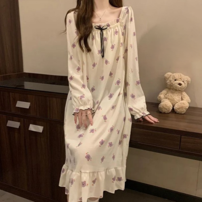 씨오브비 여성용 가슴패드형 긴팔 슬링 원피스 잠옷