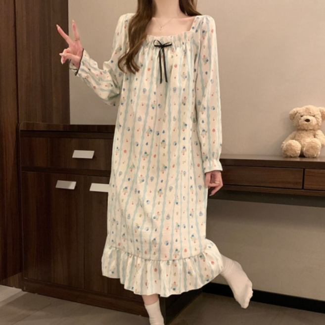 씨오브비 여성용 가슴패드형 긴팔 슬링 원피스 잠옷