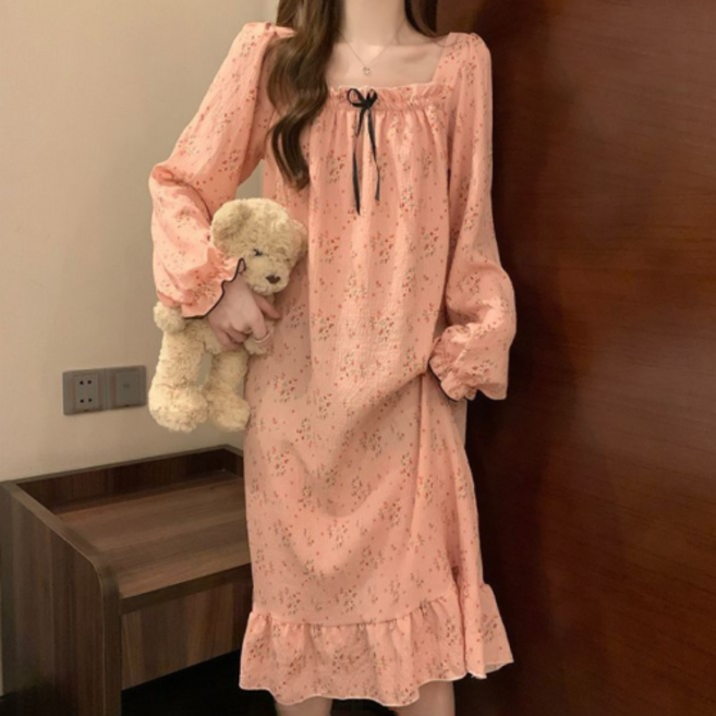 씨오브비 여성용 가슴패드형 긴팔 슬링 원피스 잠옷