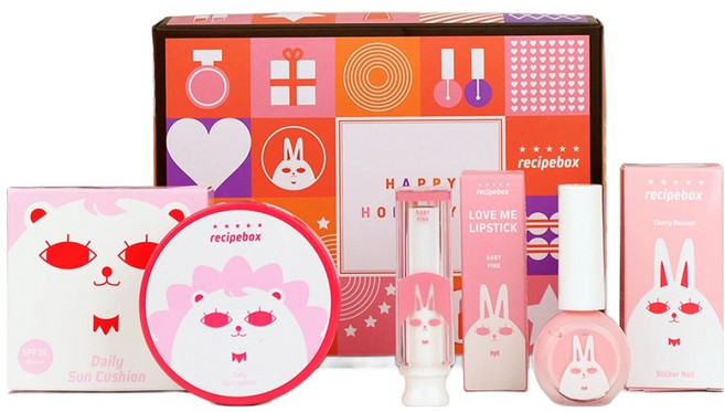 레시피박스 어린이 화장품 B 선물세트, 1세트, 매니큐어 체리블라썸 + 선쿠션 + 립스틱 베이비 핑크 + 선물박스