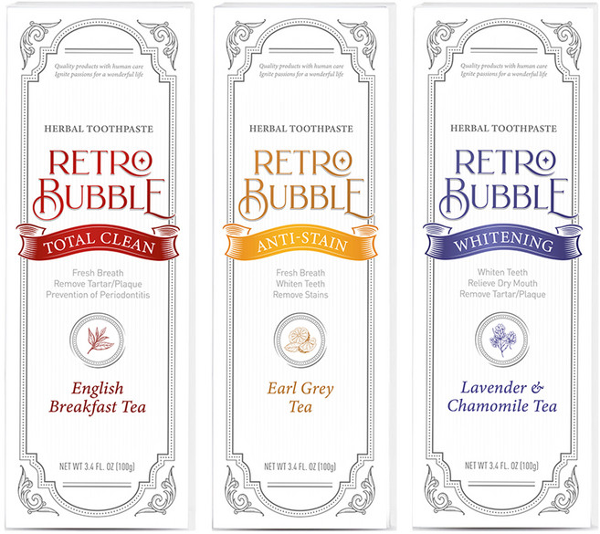 RETRO BUBBLE 全效去漬亮白草本天然無氟牙膏3入組 英式早餐茶 + 伯爵下午茶 + 晚安舒緩茶, 100g, 1組