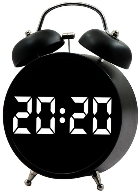 經典大數字時鐘 靜音學習金屬雙響鈴鬧鐘, 黑色