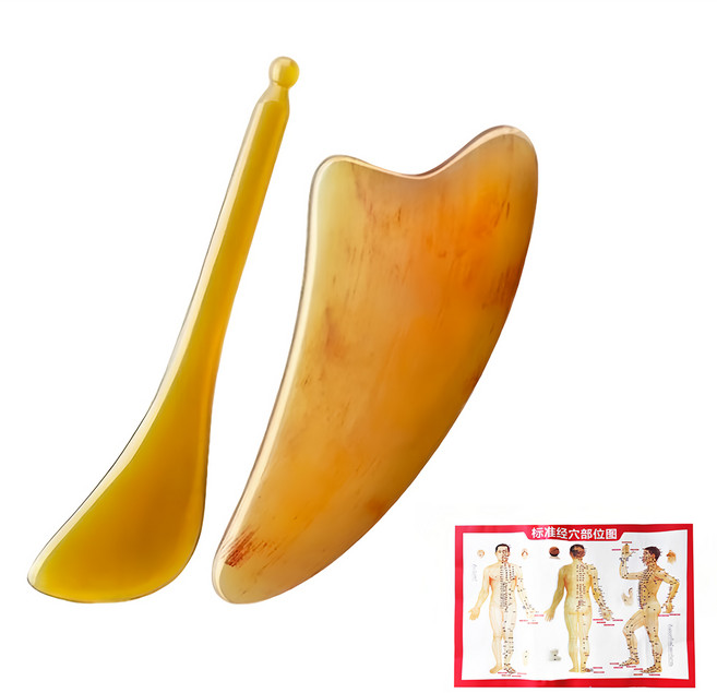 Hwato 華佗牌 天然牛角刮痧板 + 穴棒套裝 含穴位圖, 1套, 黃色