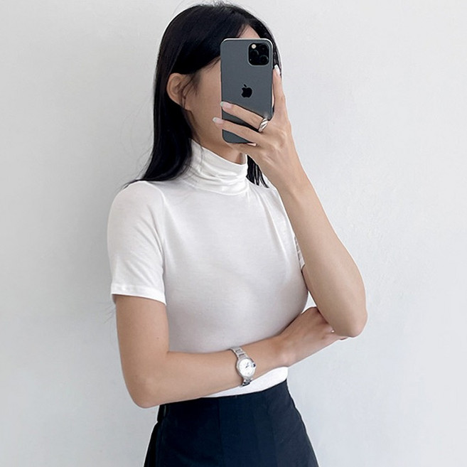 투데이앤룩 여성용 레이온 슬림 쫀쫀 레이어드 반팔 터틀넥