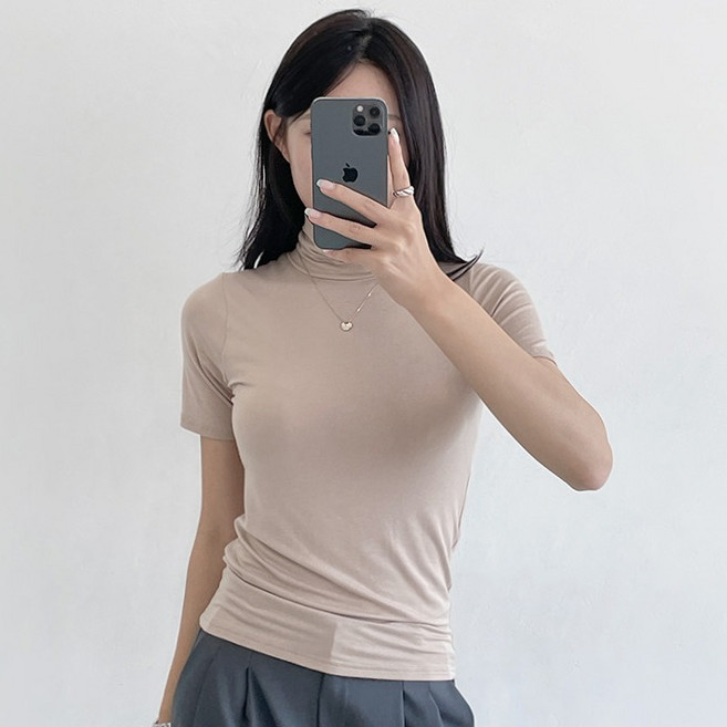 투데이앤룩 여성용 레이온 슬림 쫀쫀 레이어드 반팔 터틀넥