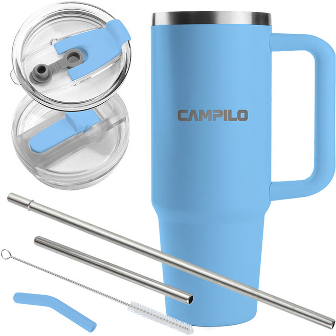 캄필로 이중진공 스테인리스 텀블러 + 스틱형 뚜껑 + 밀폐형 뚜껑 + 스틱형 빨대 + 밀폐형 빨대 + 실리콘 캡 + 청소솔 세트, 매리너블루, 887ml, 1세트