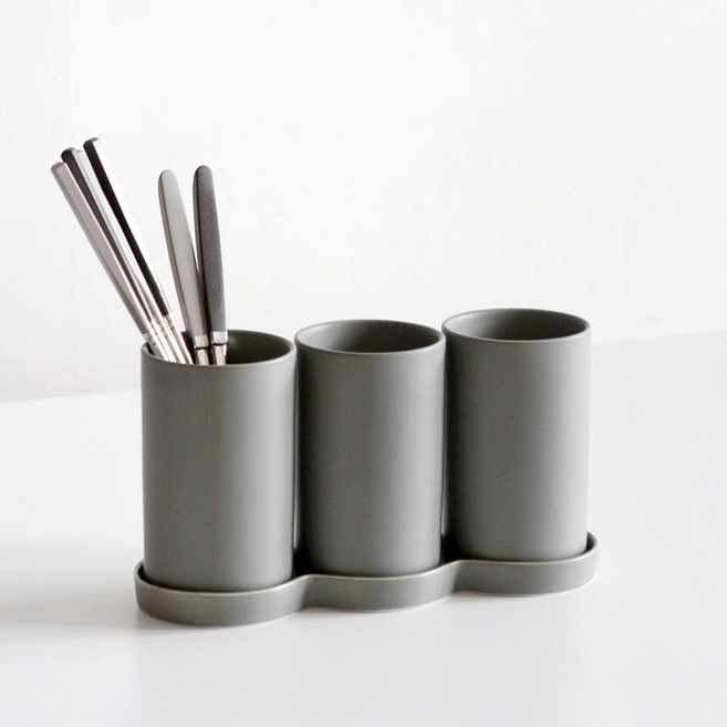 카모메키친 3구 물빠짐 도자기 수저통, 차콜그레이, 1세트