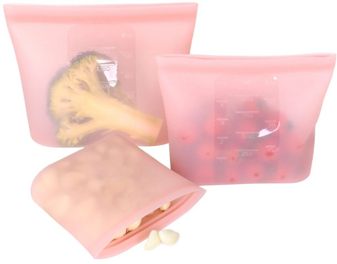 하우스팁 2중밀폐 다회용 실리콘 지퍼백 3종, 1세트, 핑크