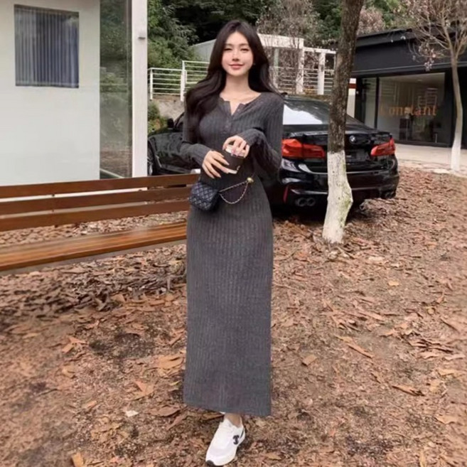 PEONIST 經典修身羅紋長版針織連身裙, 炭灰色