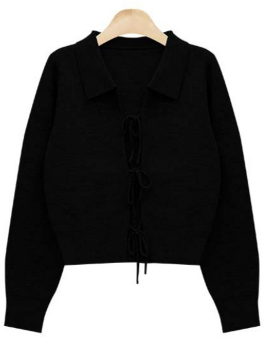 여성용 부드러운 리본 오픈 카라 니트 리카 가디건