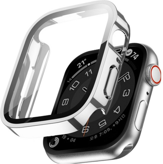이츠라이프 애플워치 9H 스퀘어 강화유리 케이스 풀커버, 실버, 1개