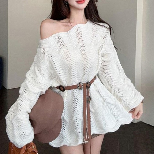 패션플로우 여성용 빈티지 벨트 + 웨이브 짜임 루즈 니트 롱 원피스 세트