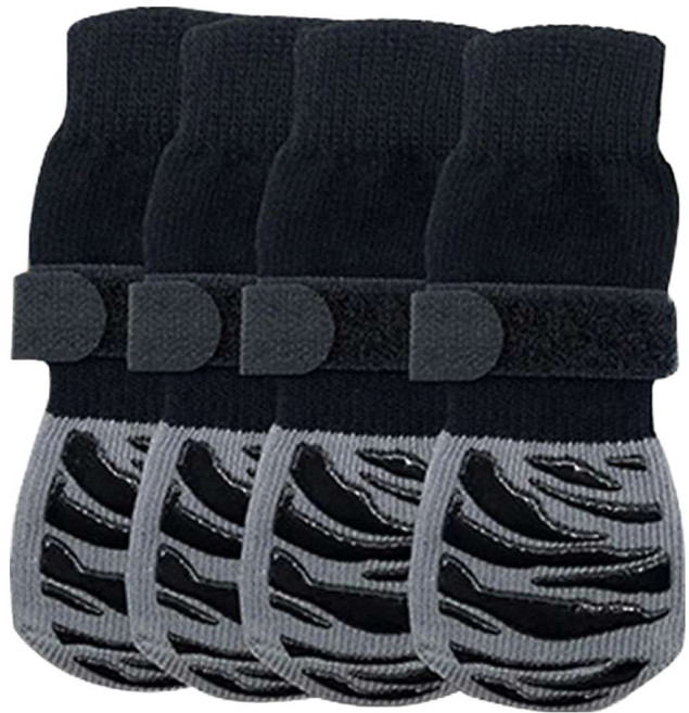 MODACore PET 摩達客寵物 寵物狗狗保護止滑襪 4個, 黑底灰色花紋款, 1組