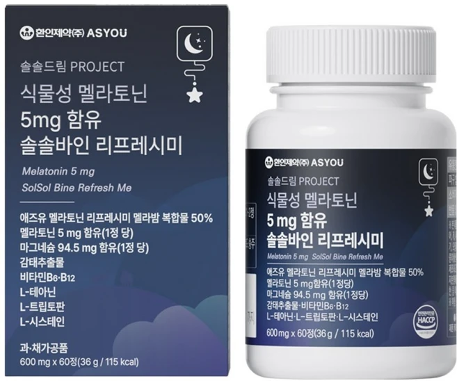 애즈유 식물성 멜라토닌 솔솔바인 리프레시미 36g, 1개, 60정 - 쿠팡