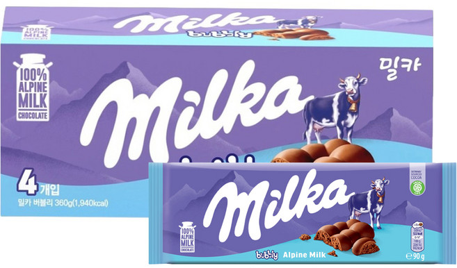 밀카 버블리 밀크초콜릿 4p, 360g, 1개