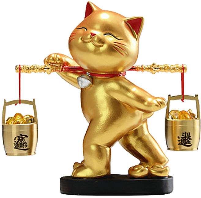 摩達客 扁擔貓招財進寶貓擺飾組 大款 開運招財, 金色