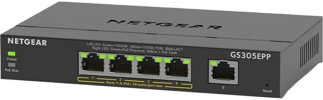Netgear 5埠Gigabit PoE/PoE+ 簡易網管交換器, 1個, GS305EPP