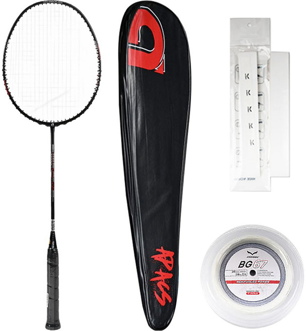 아펙스 파워스턴330 선수용 우븐 배드민턴라켓 4U 블랙레드 + 줄작업 + 케이스 랜덤발송 + 그립 세트, 1세트